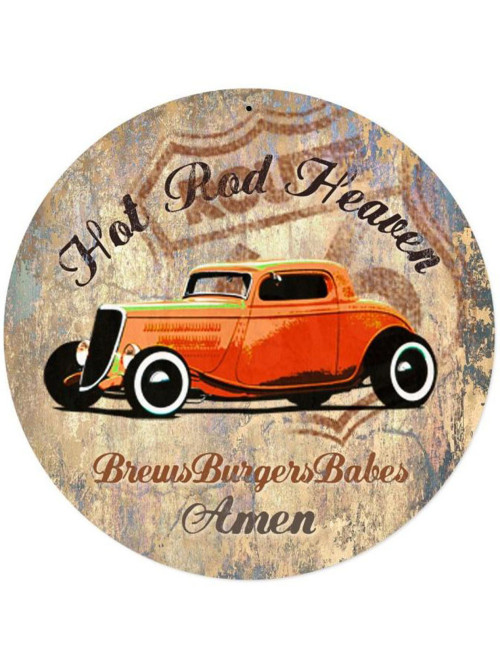 Hot Rod Heaven Round Metal Sign 14 x 14 Inches