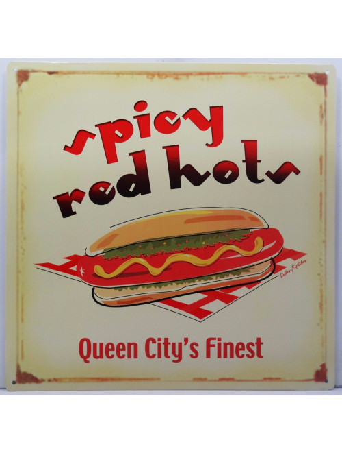 Spicy Red Hots Hot Dog Food Metal Sign